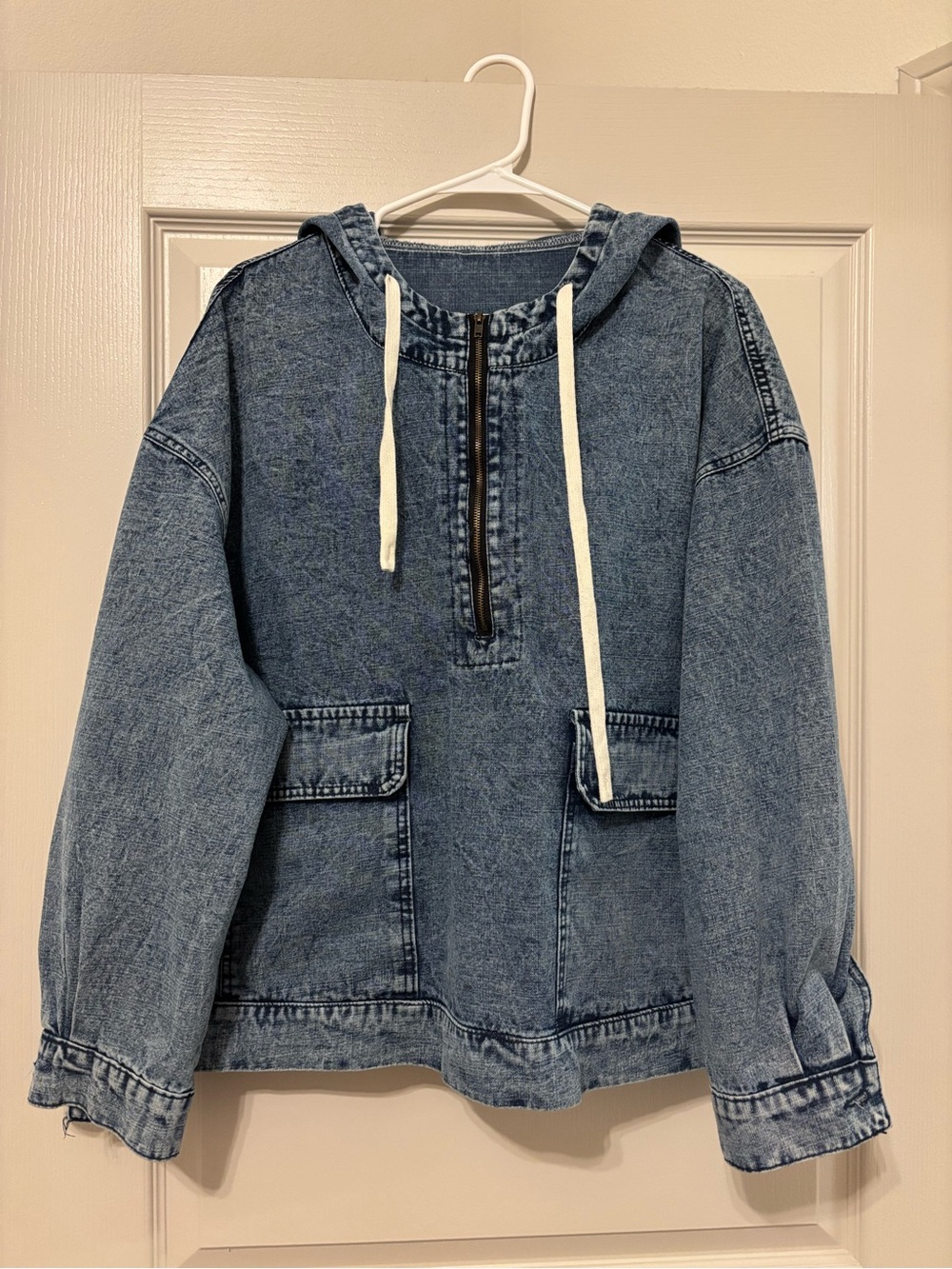 Half Zip Denim Hoodie Trendy Oversized Pullover with Drawstring L - Picture 4 of 6